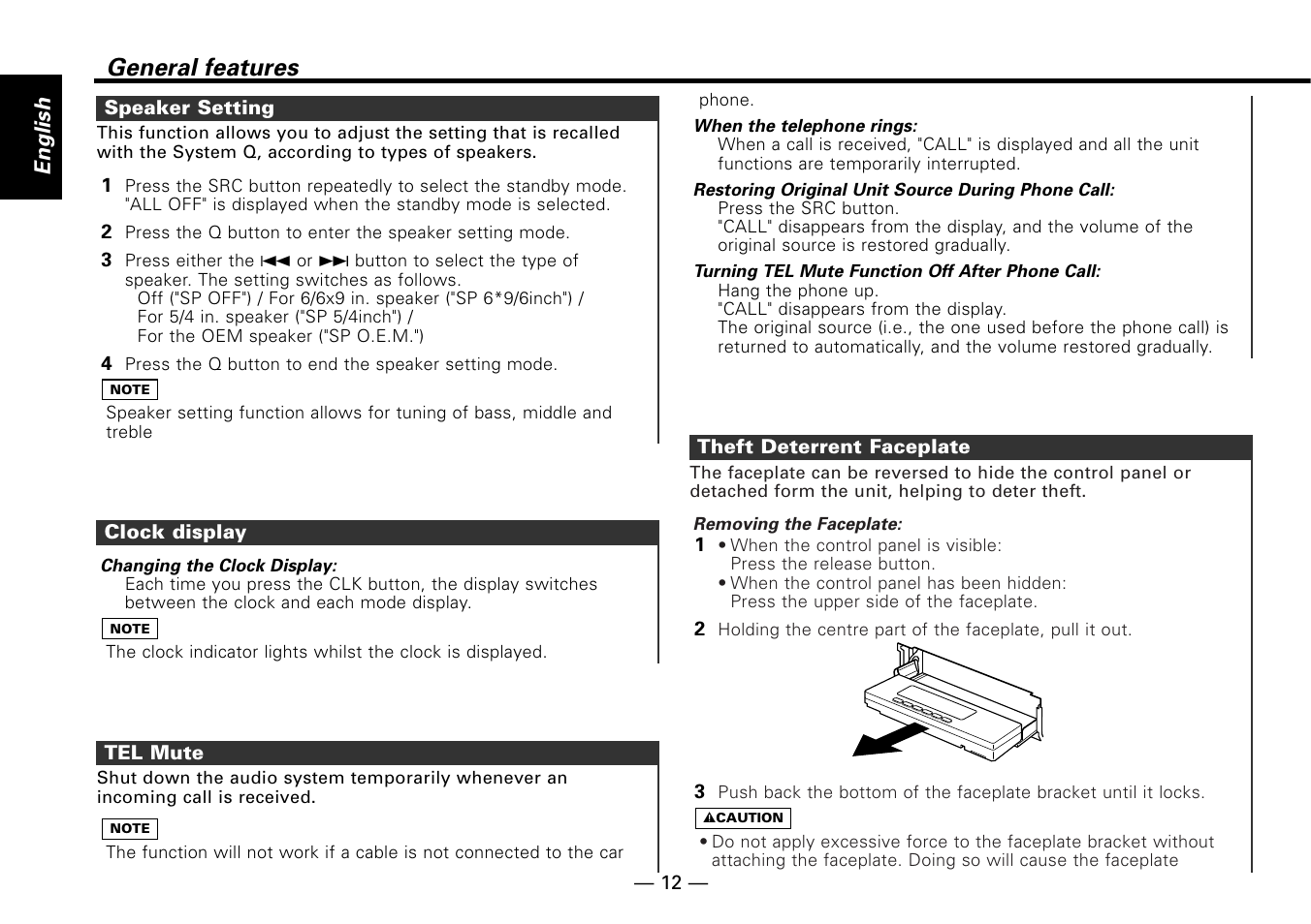 Speaker setting, Clock display, Tel mute | Theft deterrent faceplate, General features | Kenwood KDC-MP6090R User Manual | Page 12 / 48