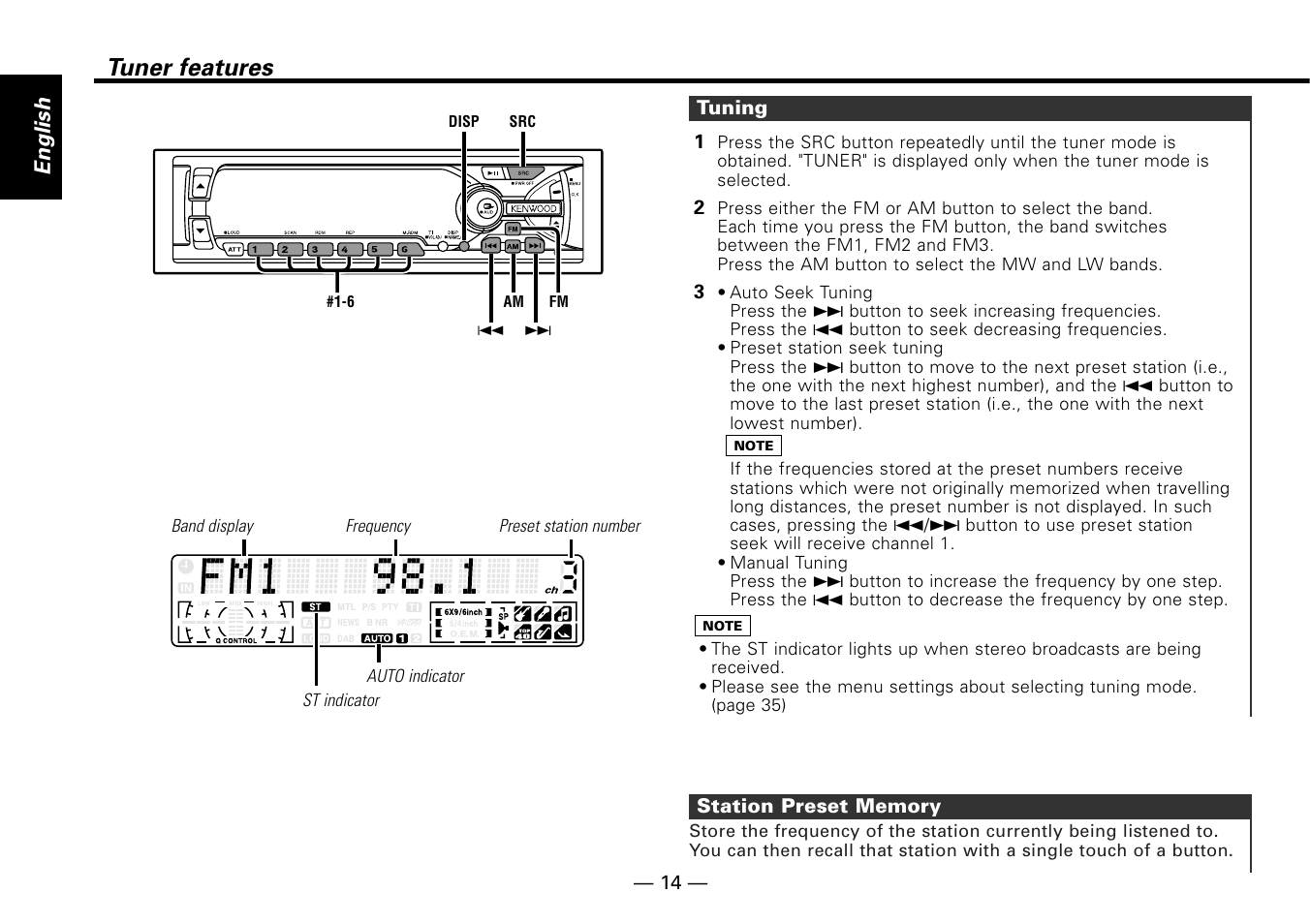 Tuner features, Tuning, Station preset memory | English | Kenwood KDC-MP6090R User Manual | Page 14 / 48