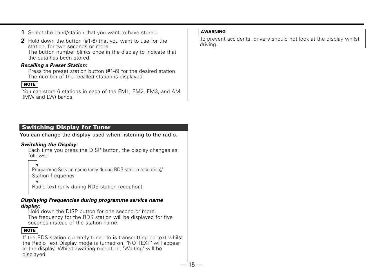 Switching display for tuner | Kenwood KDC-MP6090R User Manual | Page 15 / 48