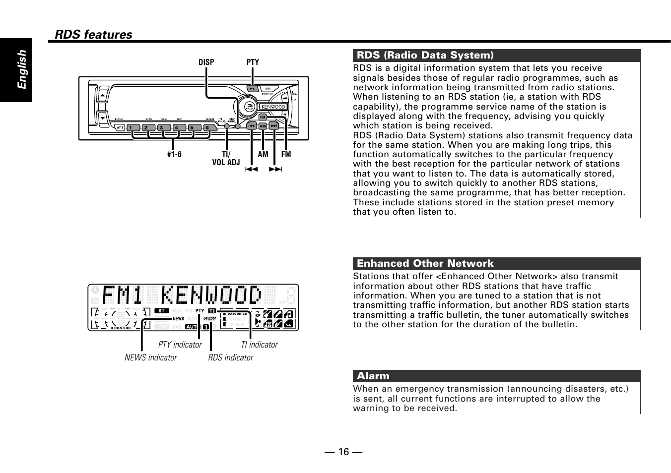 Rds features, Rds (radio data system), Enhanced other network | Alarm | Kenwood KDC-MP6090R User Manual | Page 16 / 48