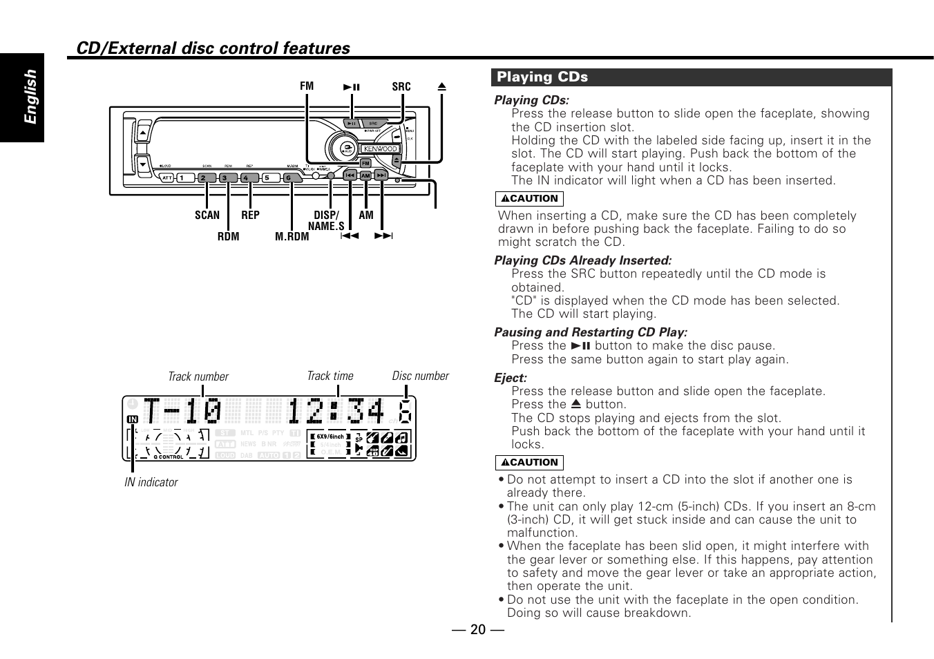 Cd/external disc control features, Playing cds, English | Kenwood KDC-MP6090R User Manual | Page 20 / 48