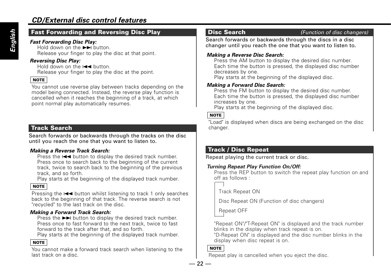 Fast forwarding and reversing disc play, Track search, Disc search | Track / disc repeat, Cd/external disc control features, English | Kenwood KDC-MP6090R User Manual | Page 22 / 48