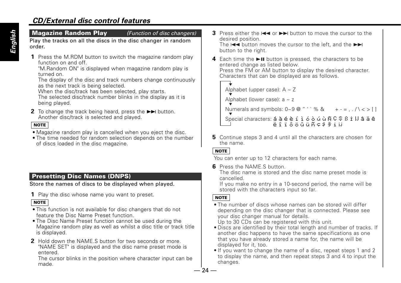 Magazine random play, Presetting disc names (dnps), Cd/external disc control features | English | Kenwood KDC-MP6090R User Manual | Page 24 / 48