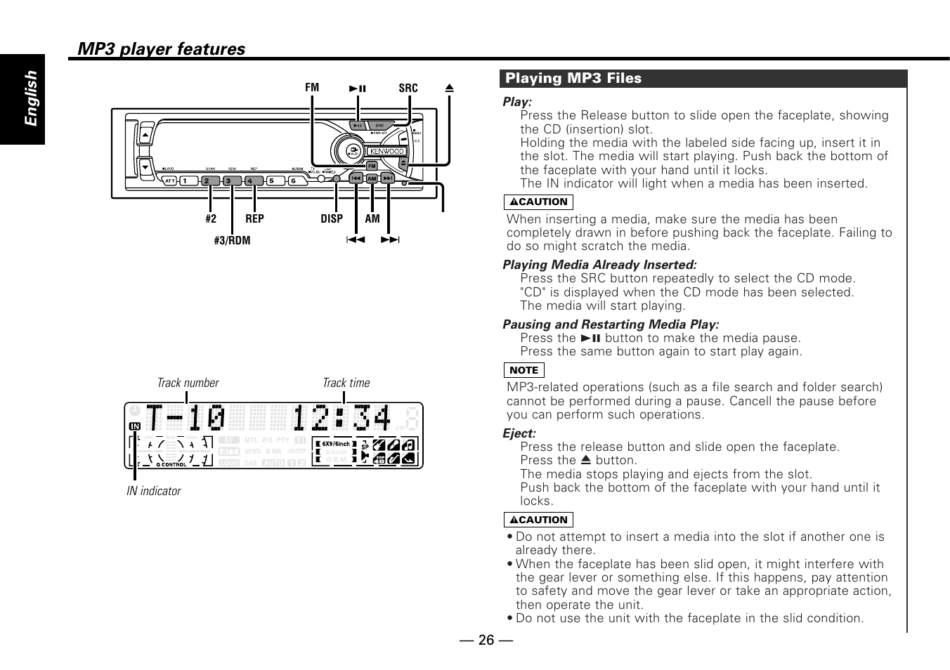 Mp3 player features, Playing mp3 files, English | Kenwood KDC-MP6090R User Manual | Page 26 / 48