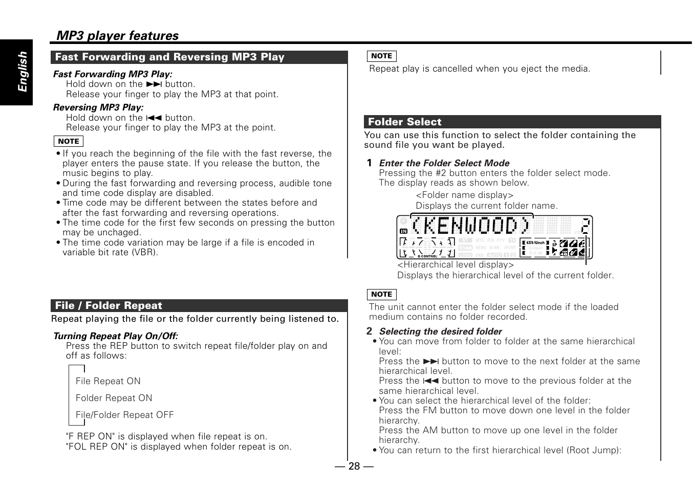 Fast forwarding and reversing mp3 play, File / folder repeat, Folder select | Mp3 player features, English | Kenwood KDC-MP6090R User Manual | Page 28 / 48