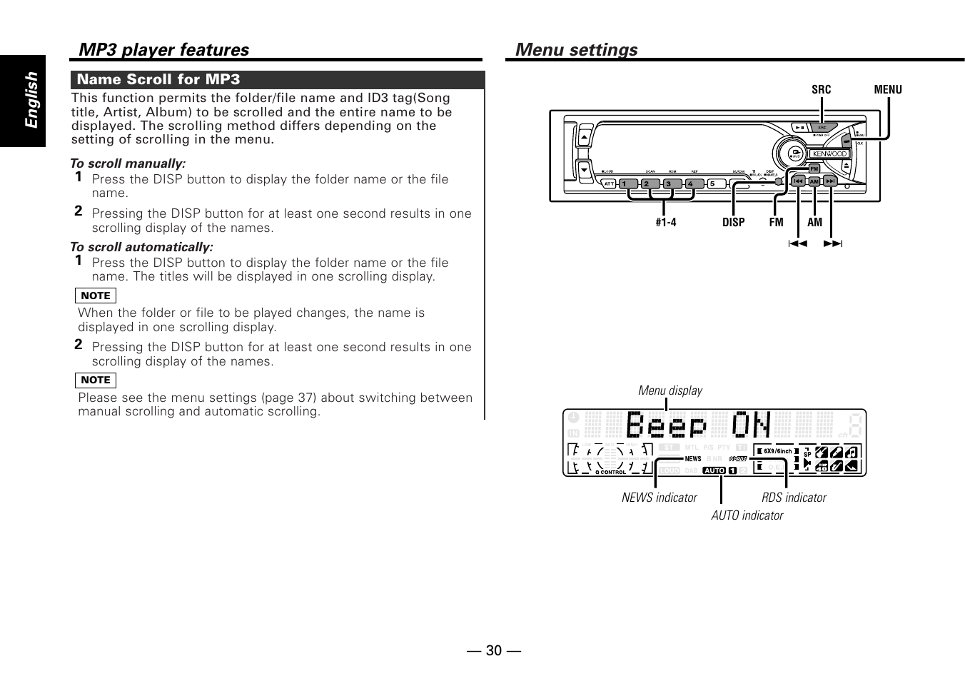Name scroll for mp3, Menu settings, Mp3 player features | Kenwood KDC-MP6090R User Manual | Page 30 / 48