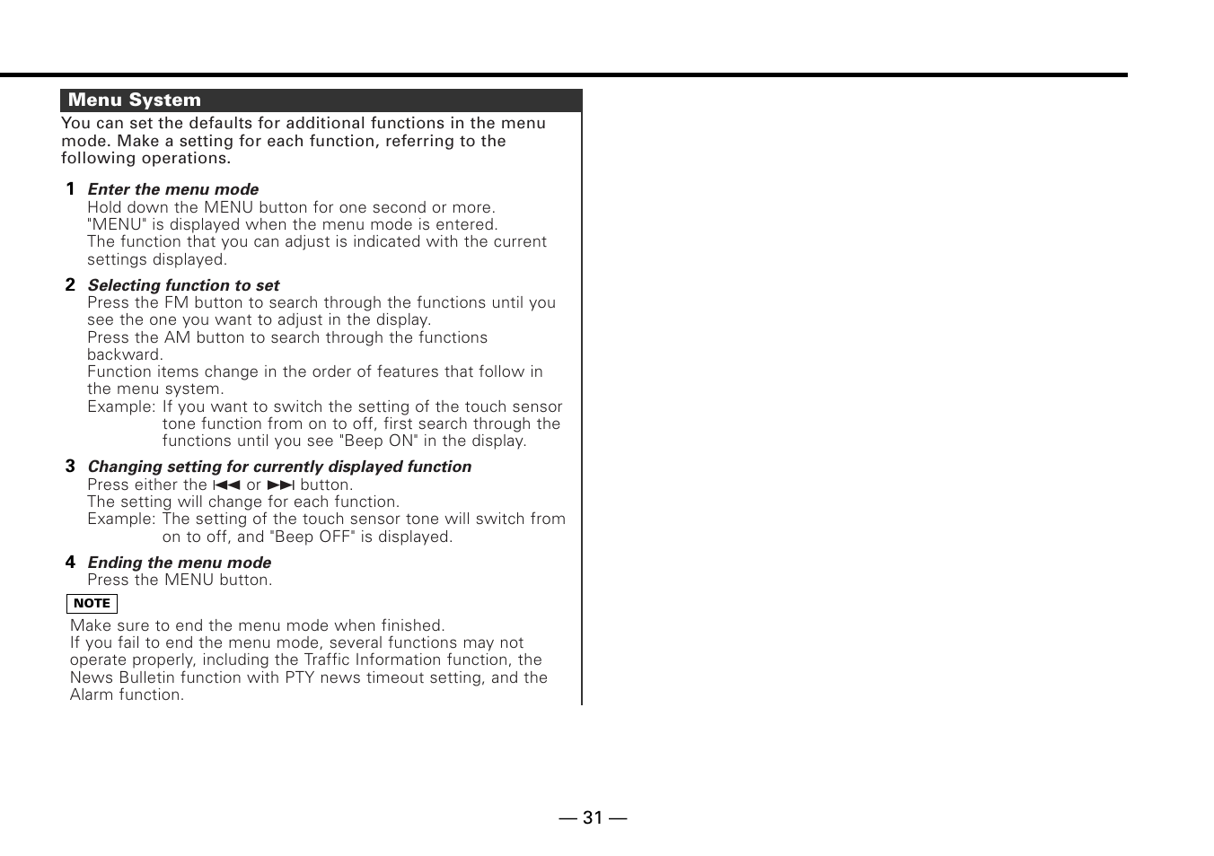 Menu system | Kenwood KDC-MP6090R User Manual | Page 31 / 48