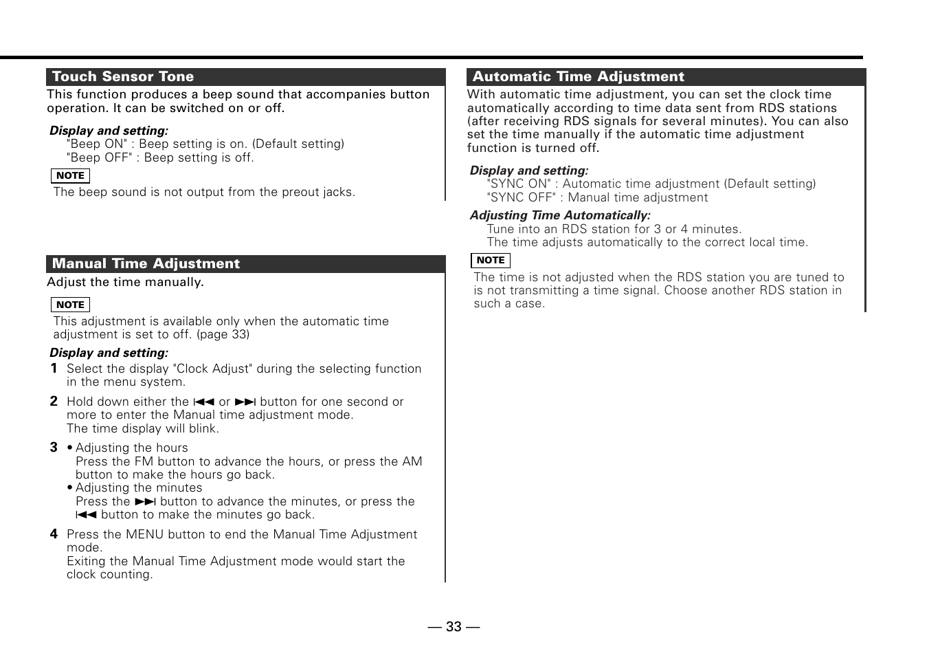 Touch sensor tone, Manual time adjustment, Automatic time adjustment | Kenwood KDC-MP6090R User Manual | Page 33 / 48