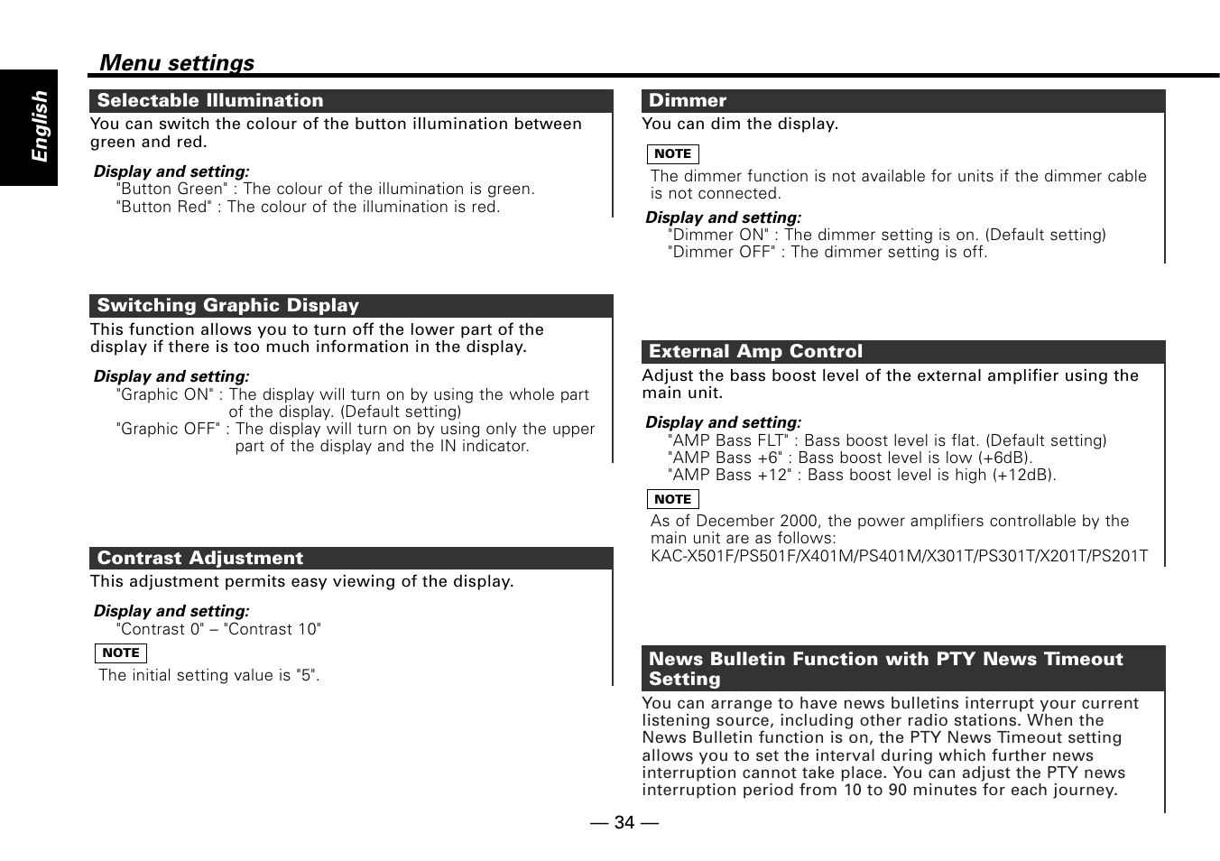 Selectable illumination, Switching graphic display, Contrast adjustment | Dimmer, External amp control, Menu settings | Kenwood KDC-MP6090R User Manual | Page 34 / 48