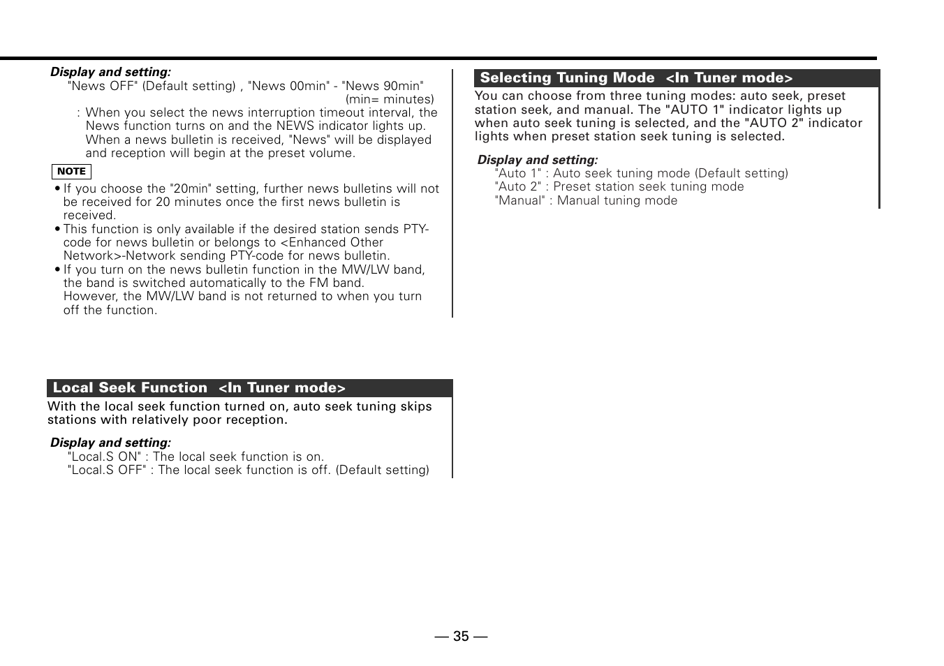 Local seek function <in tuner mode, Selecting tuning mode <in tuner mode | Kenwood KDC-MP6090R User Manual | Page 35 / 48