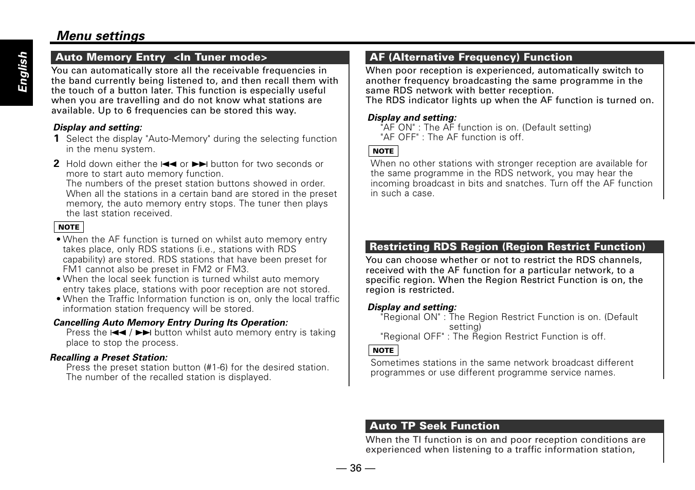 Auto memory entry <in tuner mode, Af (alternative frequency) function, Restricting rds region (region restrict function) | Auto tp seek function, Menu settings, English | Kenwood KDC-MP6090R User Manual | Page 36 / 48