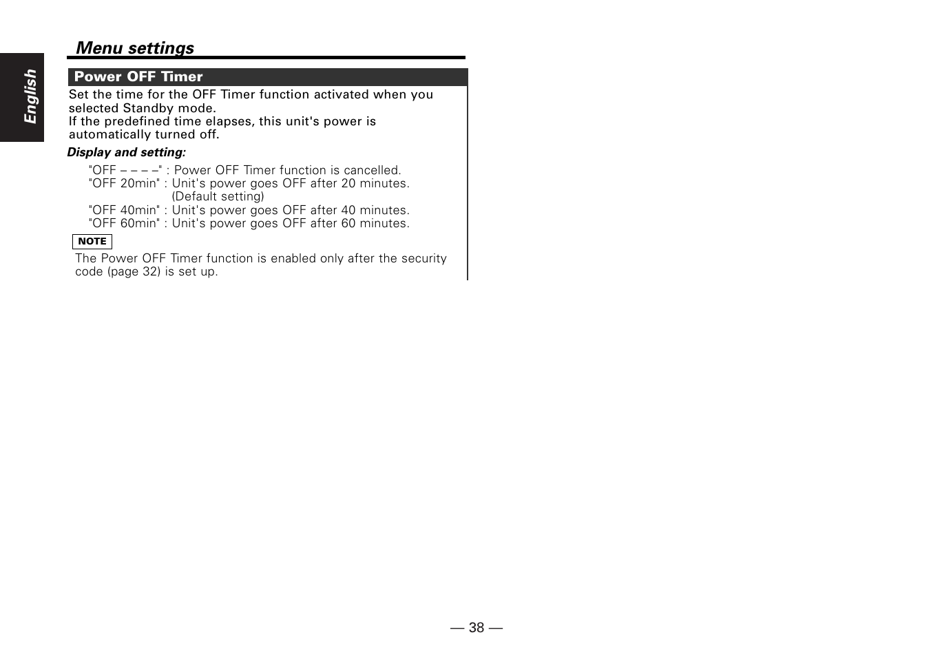 Power off timer, Menu settings | Kenwood KDC-MP6090R User Manual | Page 38 / 48