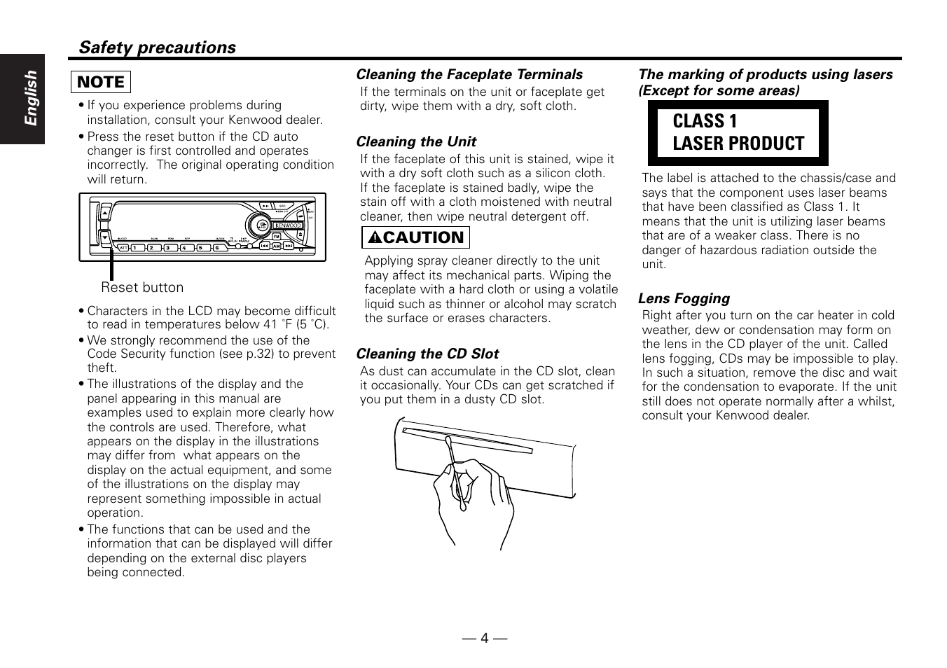 Class 1 laser product, Safety precautions | Kenwood KDC-MP6090R User Manual | Page 4 / 48