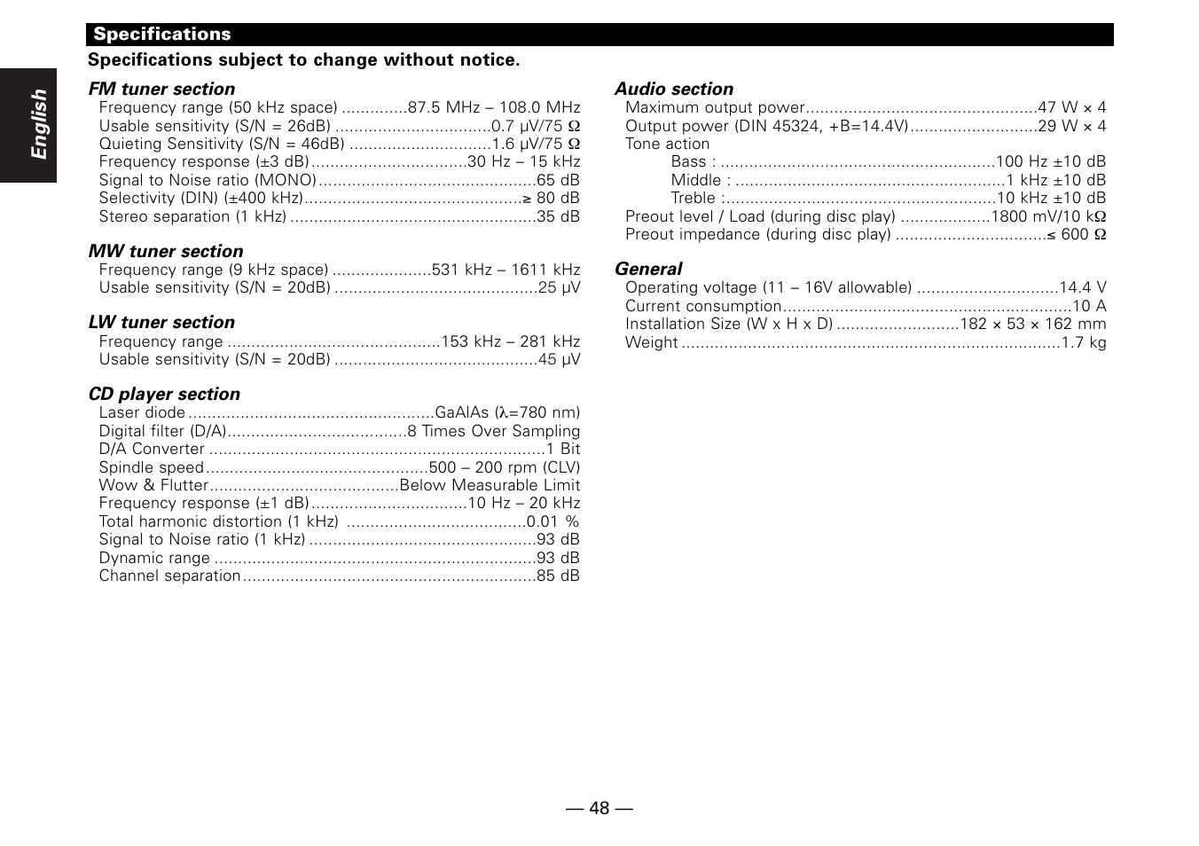 Specifications | Kenwood KDC-MP6090R User Manual | Page 48 / 48