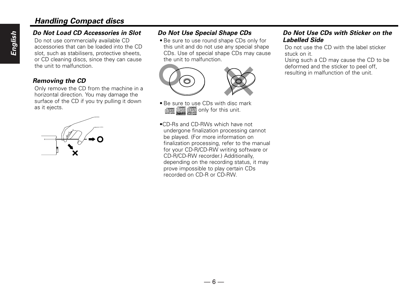 Handling compact discs | Kenwood KDC-MP6090R User Manual | Page 6 / 48