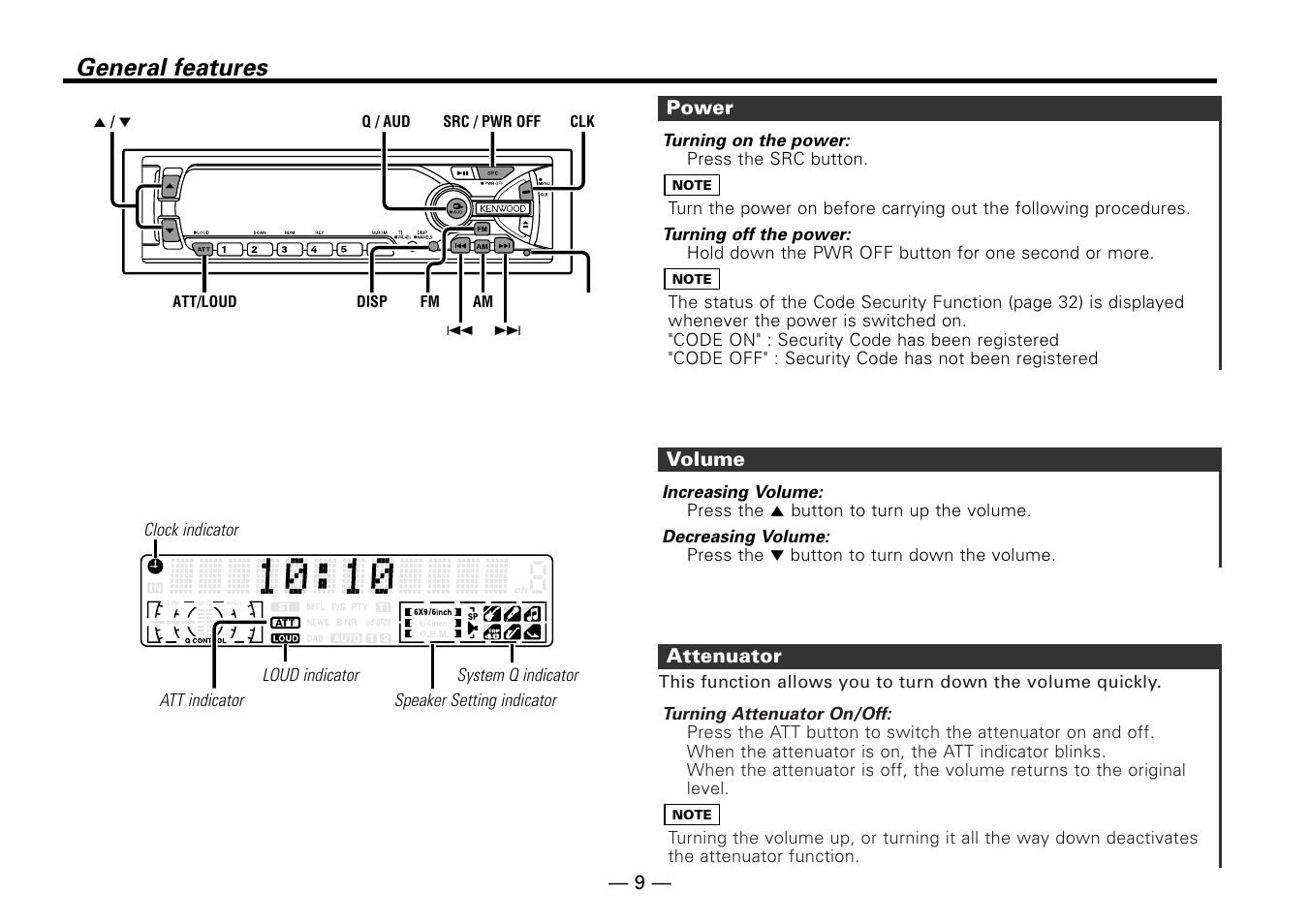 General features, Power, Volume | Attenuator | Kenwood KDC-MP6090R User Manual | Page 9 / 48