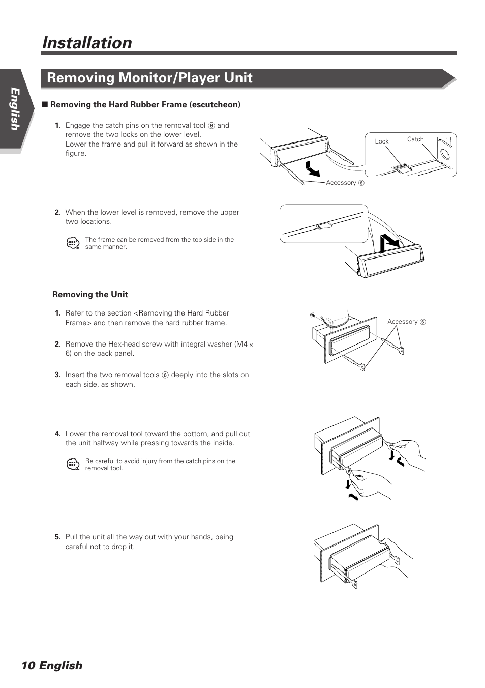 Installation, Removing monitor/player unit, English 10 english | Kenwood KVT-745DVD User Manual | Page 10 / 40