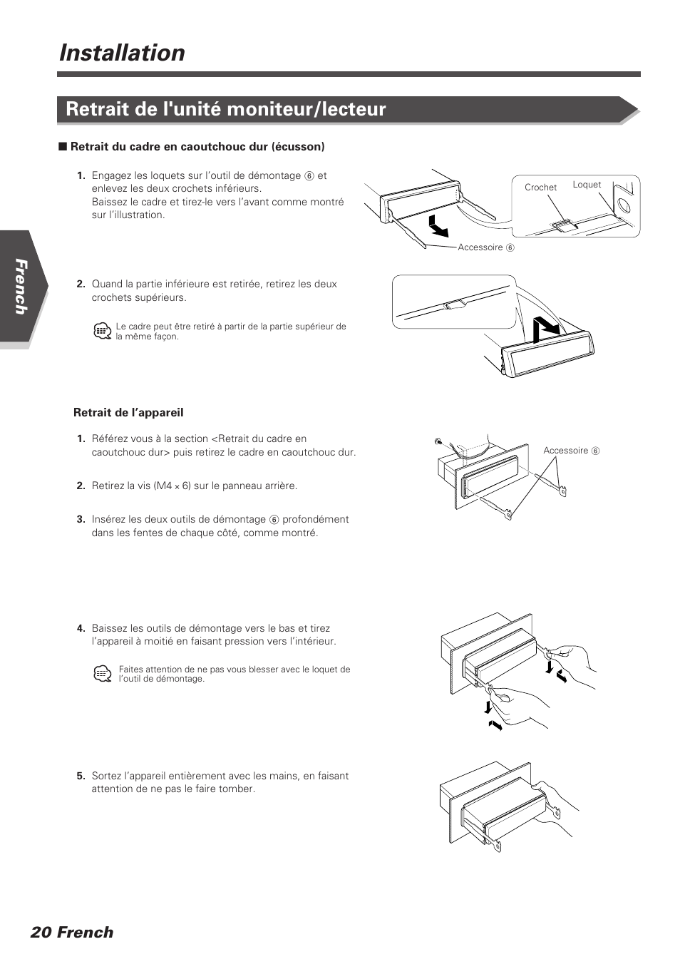 Installation, Retrait de l'unité moniteur/lecteur, French 20 french | Kenwood KVT-745DVD User Manual | Page 20 / 40