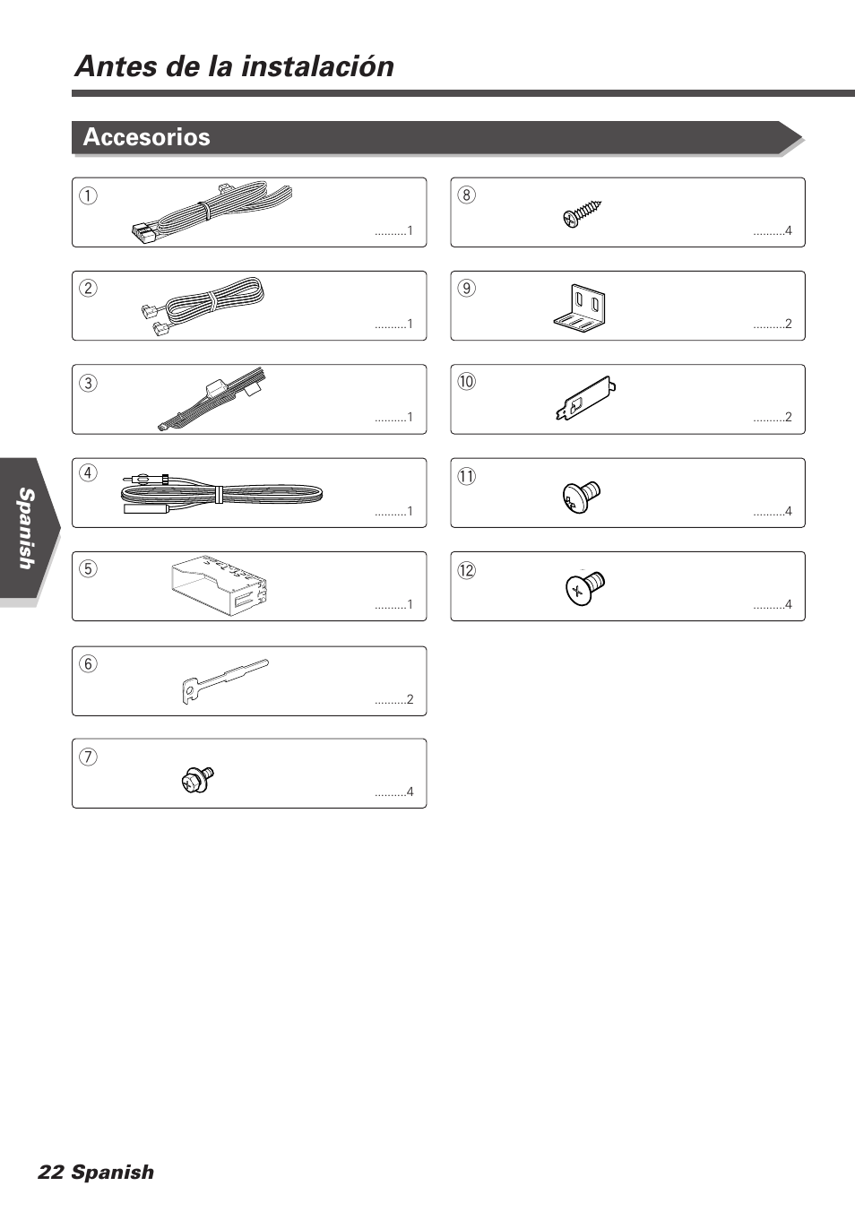 Antes de la instalación, Accesorios | Kenwood KVT-745DVD User Manual | Page 22 / 40