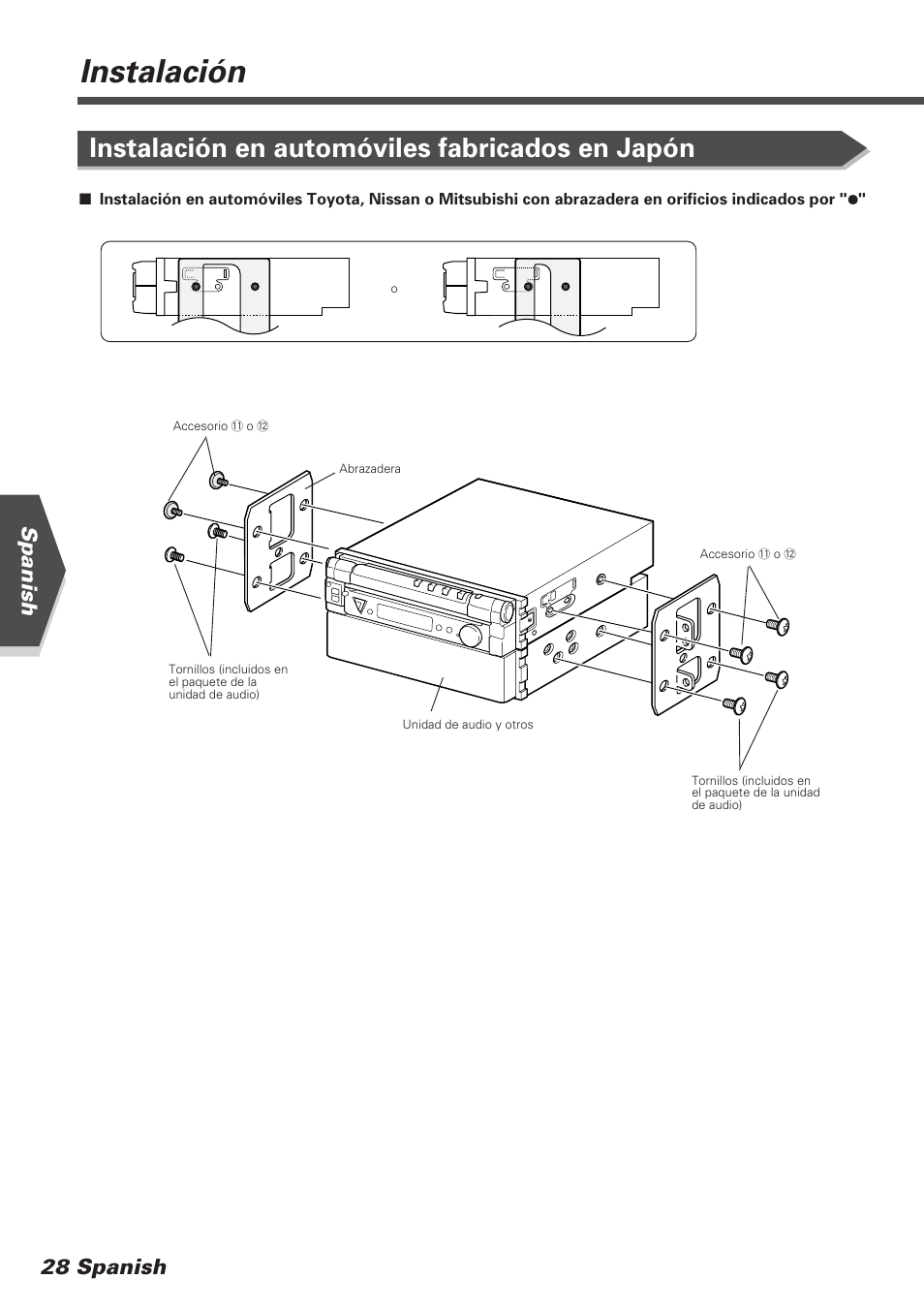 Instalación, Instalación en automóviles fabricados en japón, Spanish 28 spanish | Kenwood KVT-745DVD User Manual | Page 28 / 40