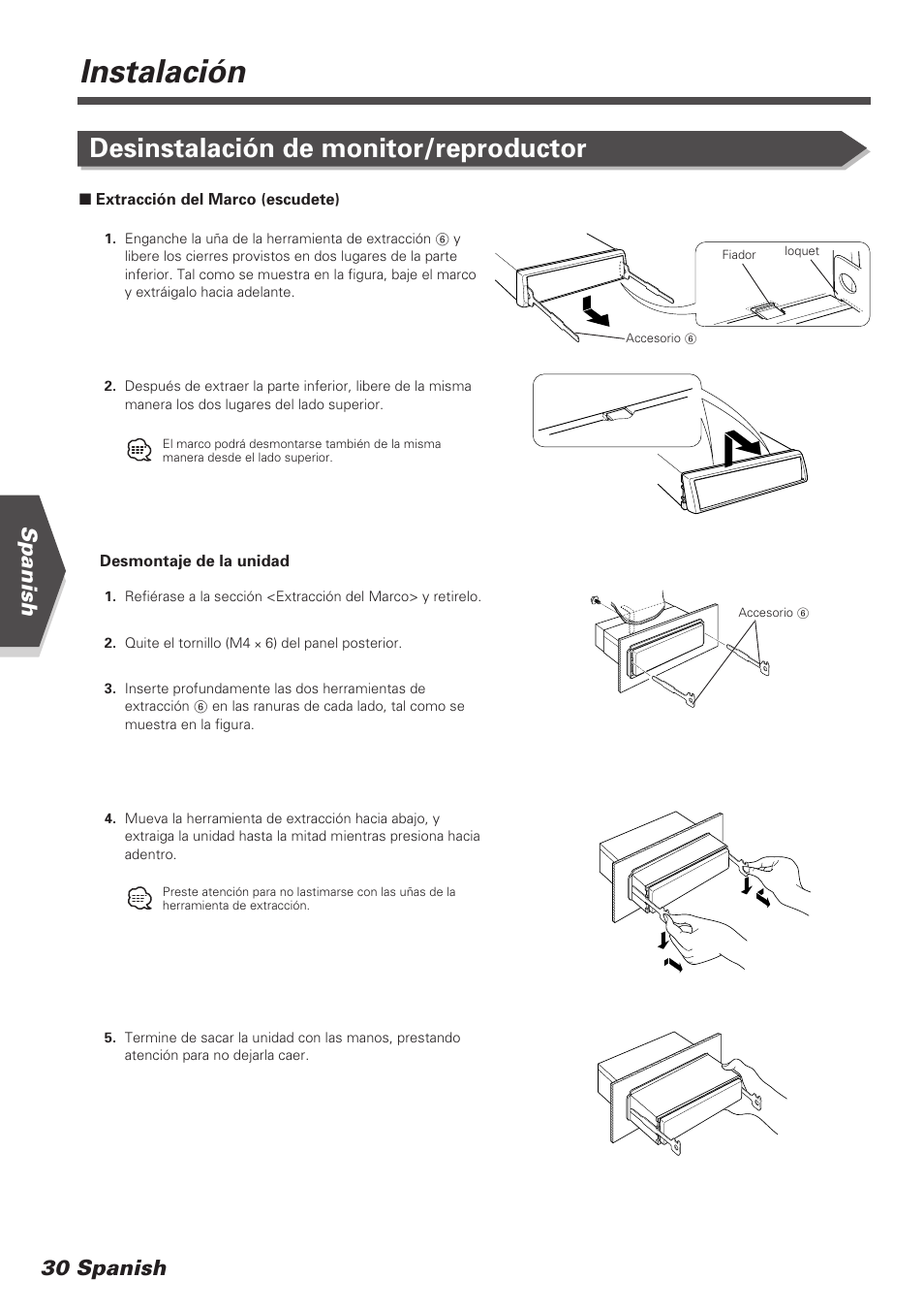 Instalación, Desinstalación de monitor/reproductor, Spanish 30 spanish | Kenwood KVT-745DVD User Manual | Page 30 / 40