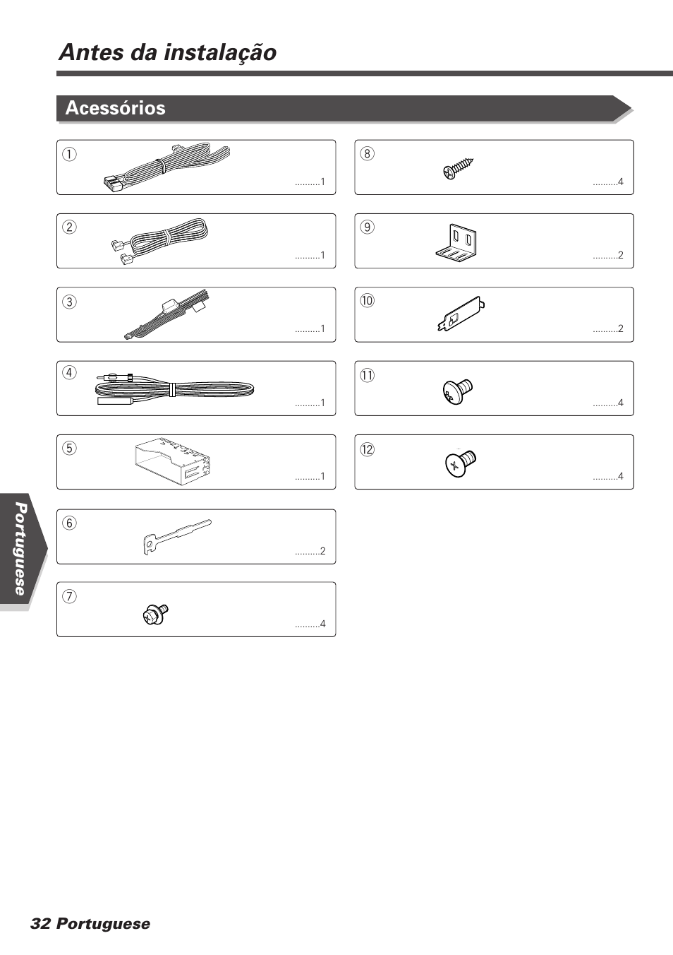 Antes da instalação, Acessórios | Kenwood KVT-745DVD User Manual | Page 32 / 40