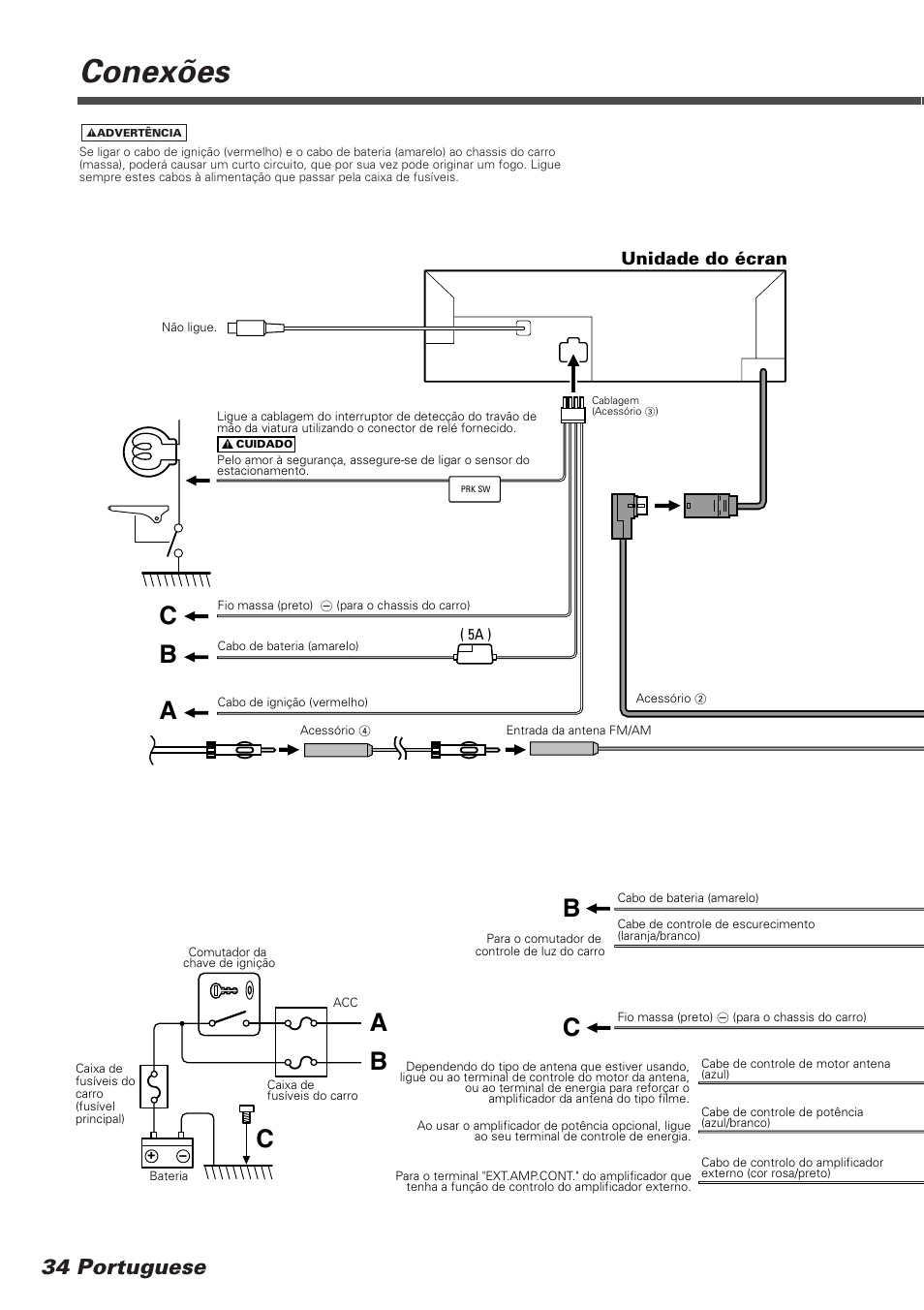 Conexões, Bc b c, Bc a | 34 portuguese, Unidade do écran | Kenwood KVT-745DVD User Manual | Page 34 / 40