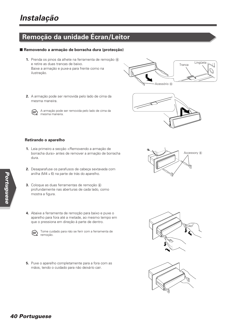 Instalação, Remoção da unidade écran/leitor, Portuguese 40 portuguese | Kenwood KVT-745DVD User Manual | Page 40 / 40