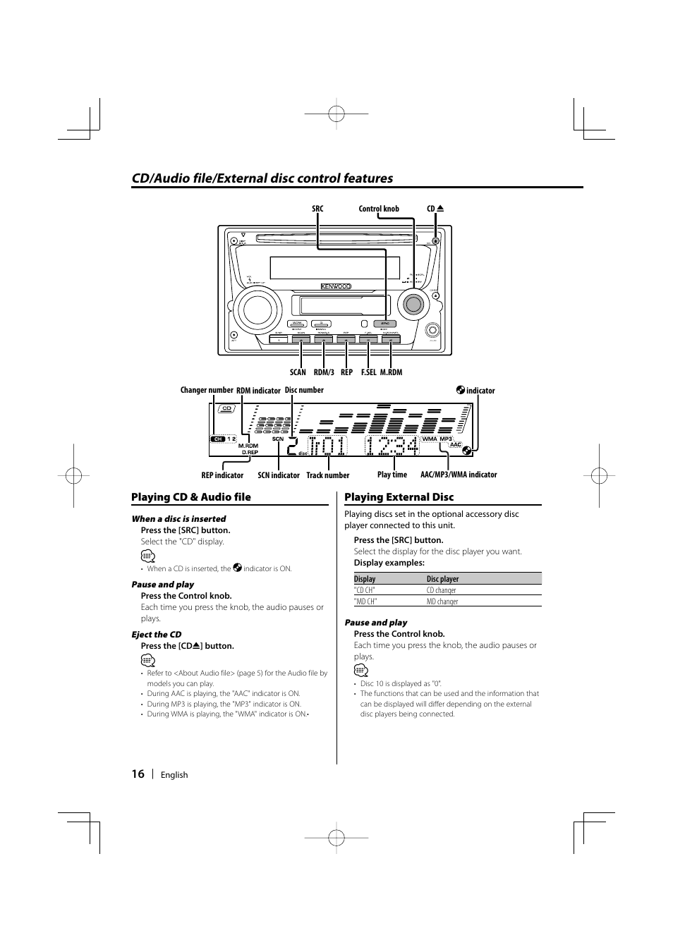 Cd/audio file/external disc control features | Kenwood DPX-MP4100 User Manual | Page 16 / 32