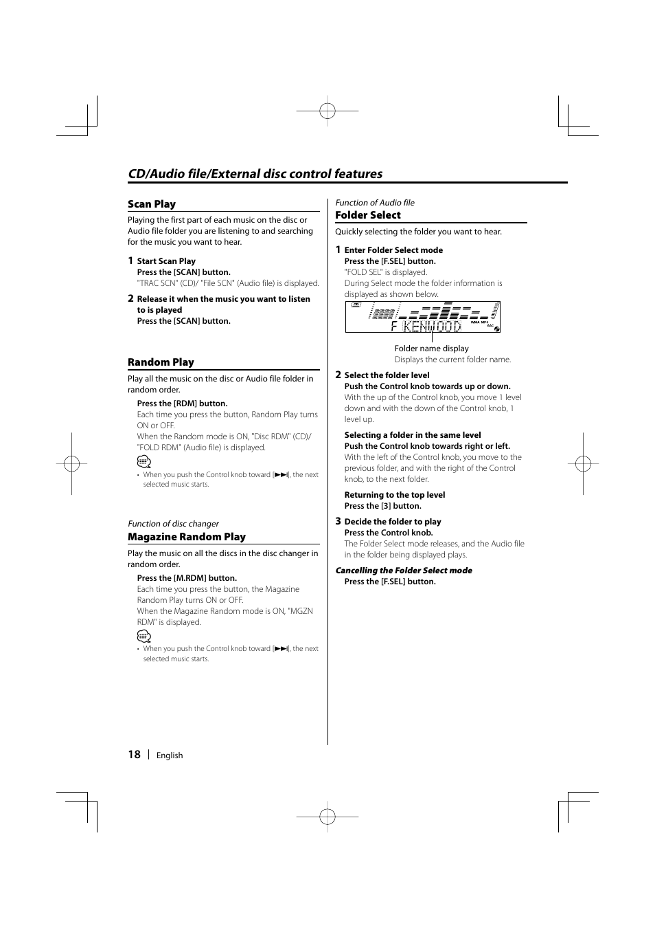 Cd/audio file/external disc control features | Kenwood DPX-MP4100 User Manual | Page 18 / 32