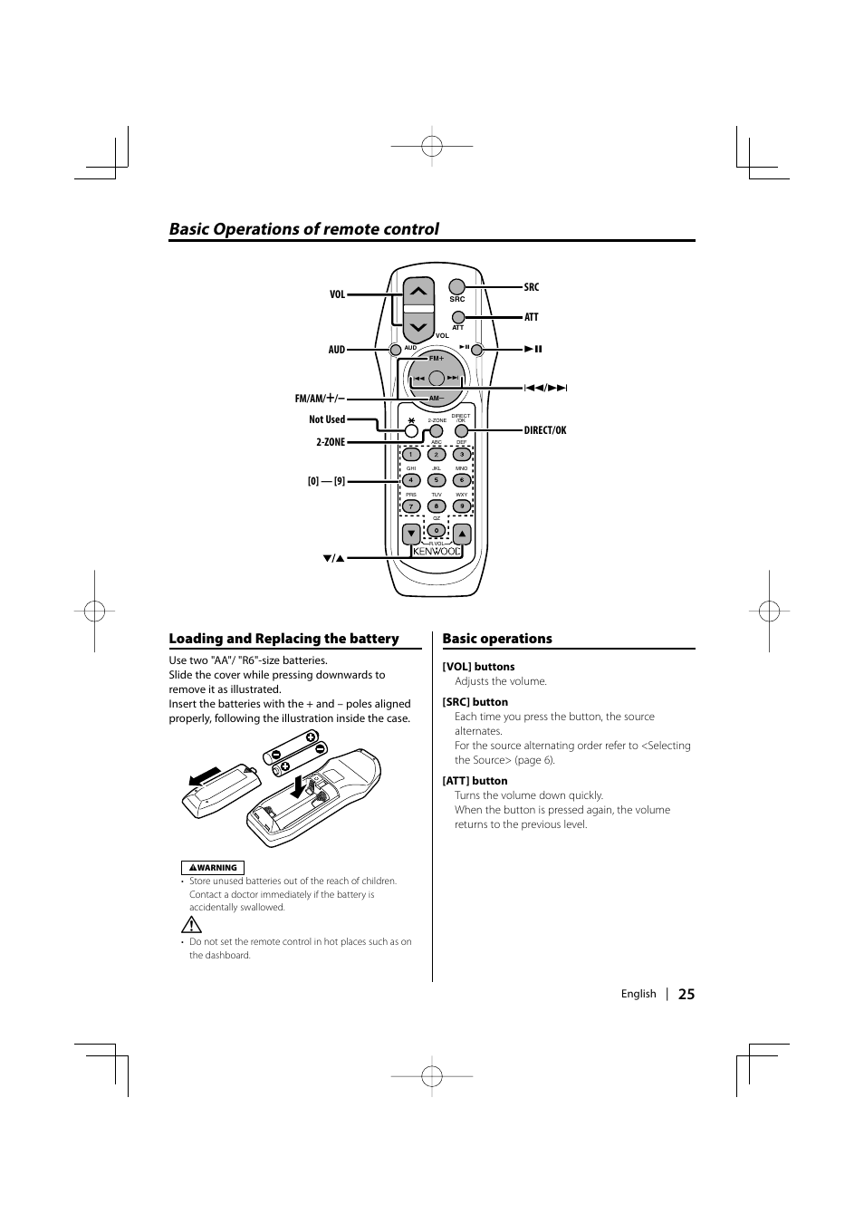 Basic operations of remote control, Loading and replacing the battery, Basic operations | Kenwood DPX-MP4100 User Manual | Page 25 / 32