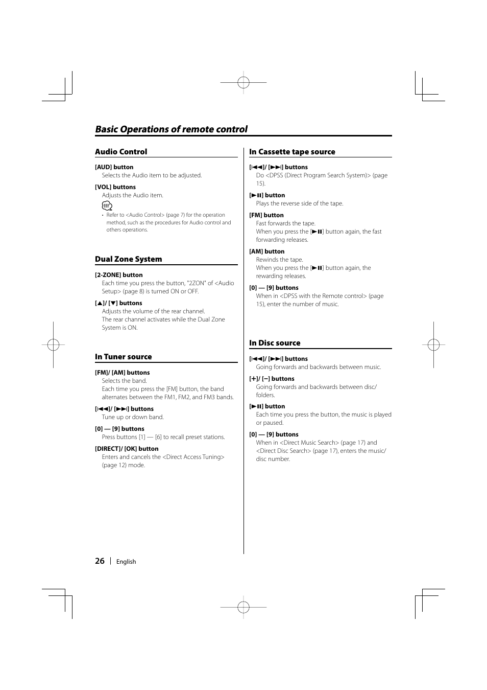 Basic operations of remote control | Kenwood DPX-MP4100 User Manual | Page 26 / 32