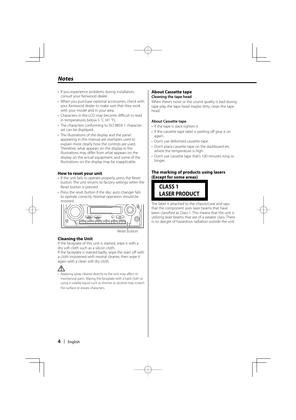 Class 1 laser product | Kenwood DPX-MP4100 User Manual | Page 4 / 32