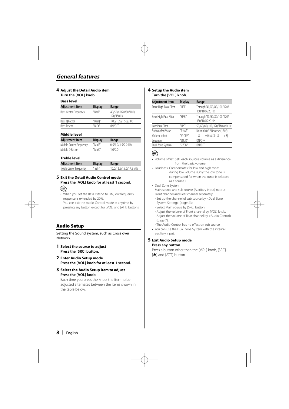 General features, Audio setup | Kenwood DPX-MP4100 User Manual | Page 8 / 32