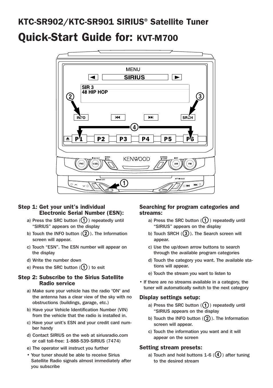 Quick-start guide for, Satellite tuner, Kvt-m700 | Kenwood KTC-SR901 User Manual | Page 10 / 12