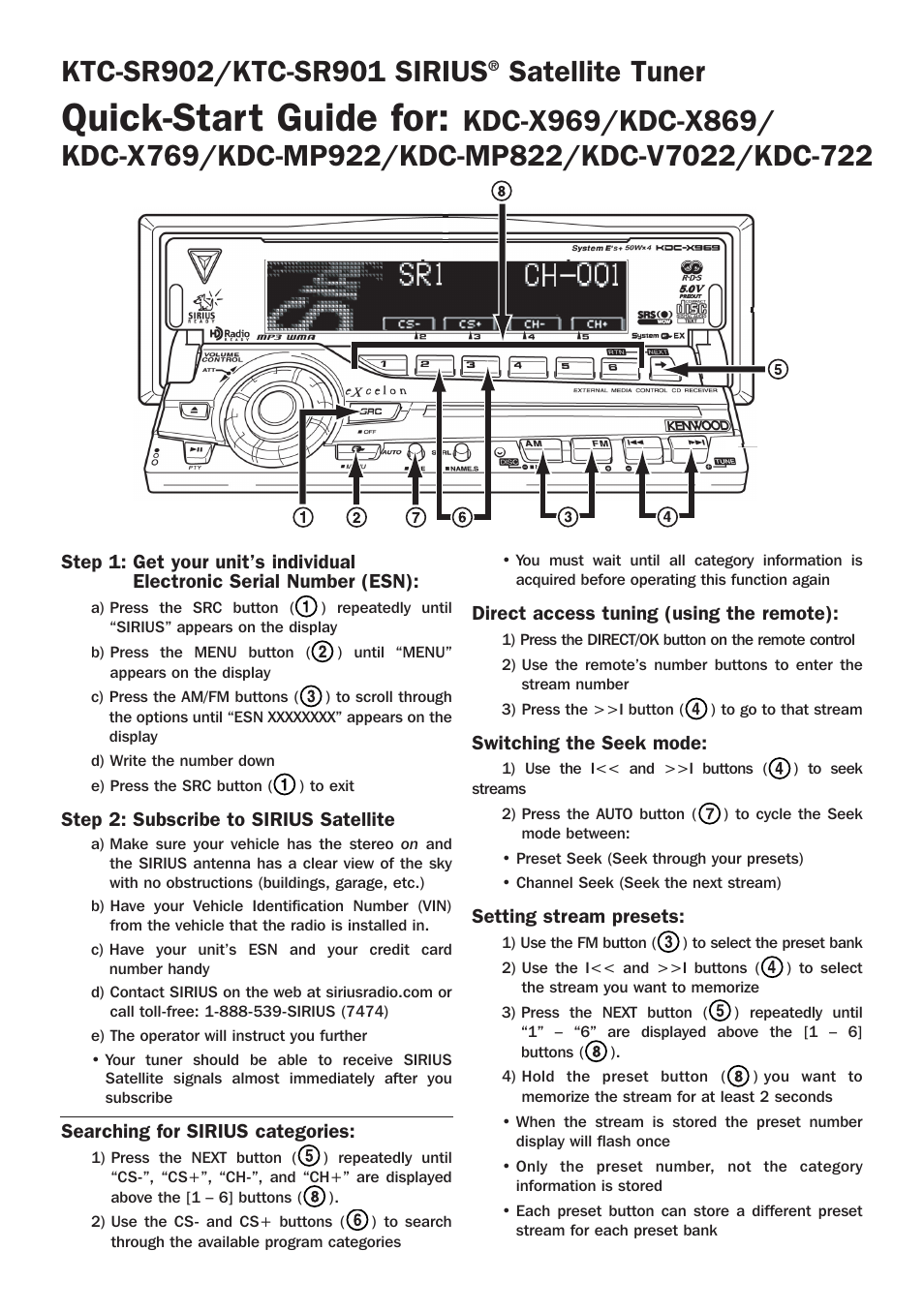 Quick-start guide for, Satellite tuner | Kenwood KTC-SR901 User Manual | Page 2 / 12