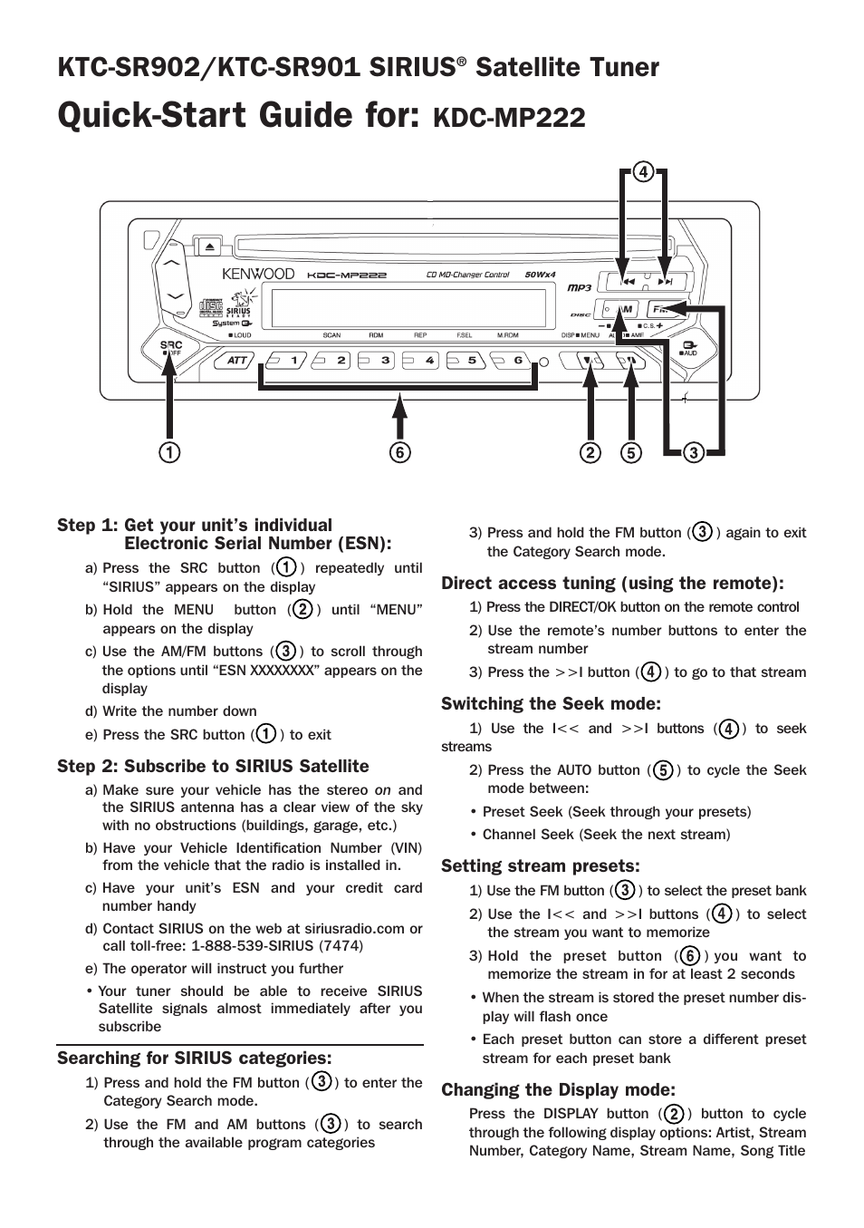 Quick-start guide for, Satellite tuner, Kdc-mp222 | Kenwood KTC-SR901 User Manual | Page 4 / 12