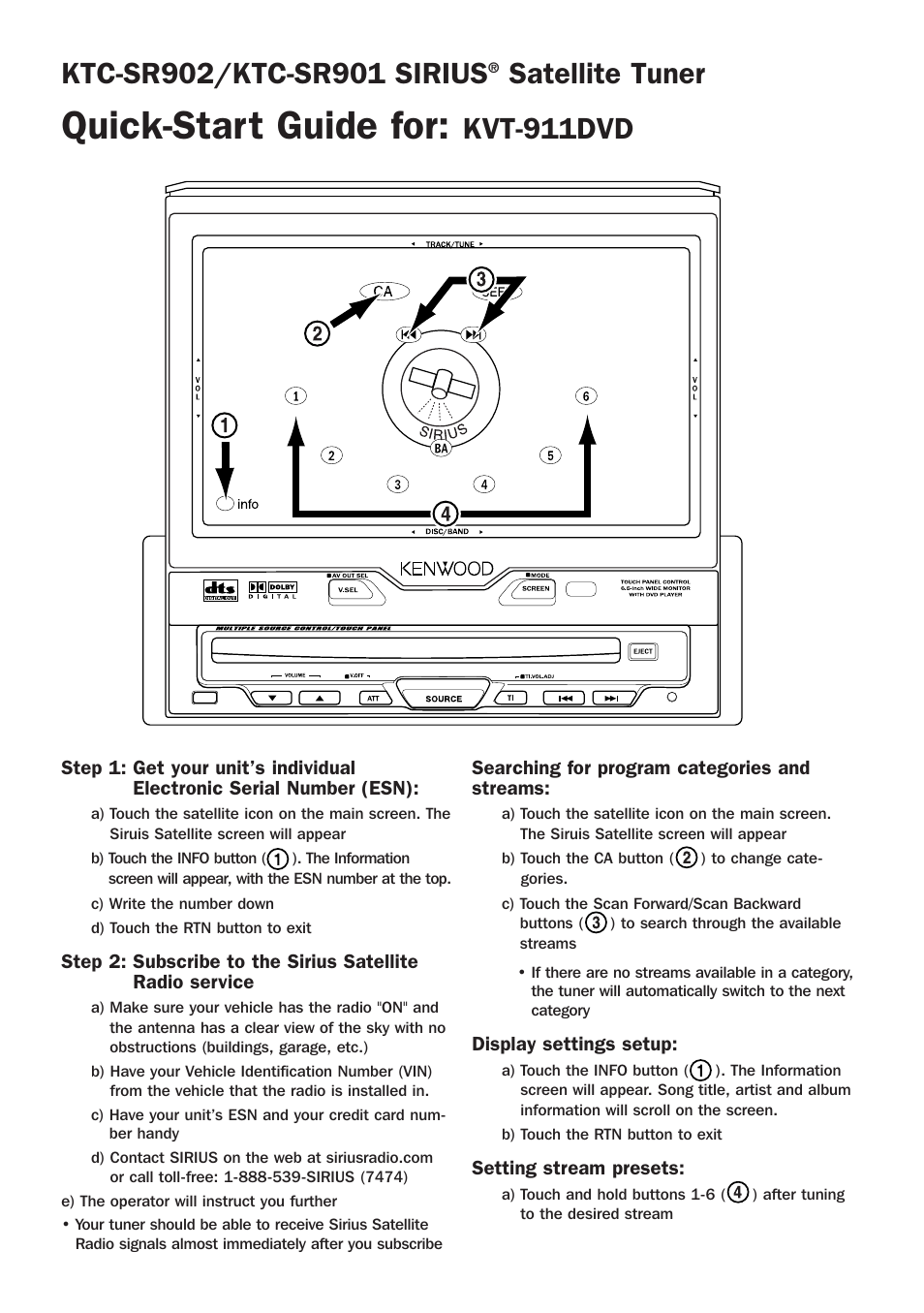 Quick-start guide for, Satellite tuner, Kvt-911dvd | Kenwood KTC-SR901 User Manual | Page 9 / 12