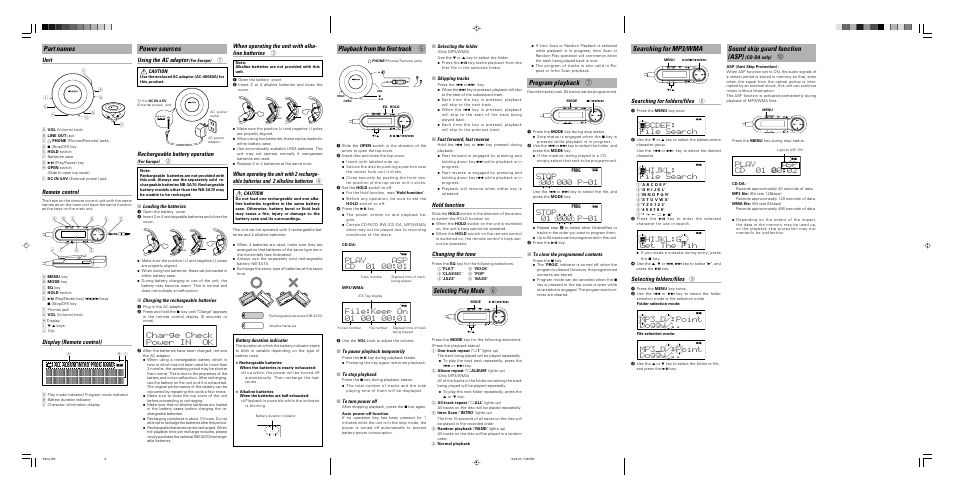 Part names, Power sources, Playback from the first track | Selecting play mode, Program playback, Searching for mp3/wma, Sound skip guard function (asp), Charge check ower in ok p, Bcdef: file search a, Hijkl: file search g | Kenwood DPC-X447MP User Manual | Page 3 / 6