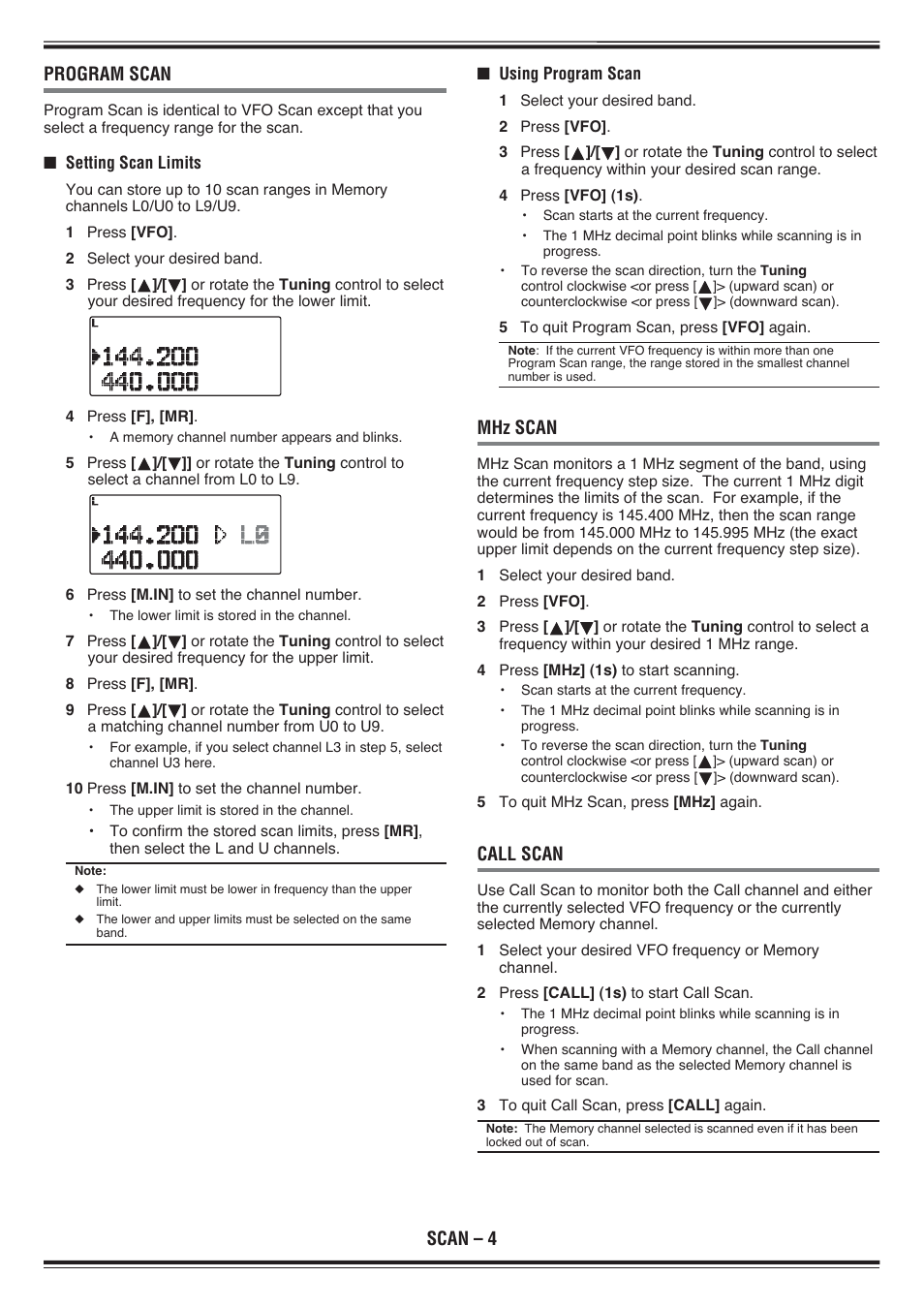 Scan – 4 program scan, Mhz scan, Call scan | Kenwood TH-D72E User Manual | Page 17 / 75