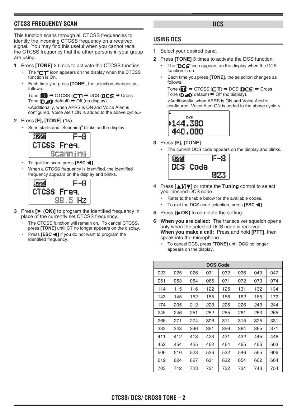 Ctcss/ dcs/ cross tone – 2 ctcss frequency scan, Using dcs | Kenwood TH-D72E User Manual | Page 19 / 75