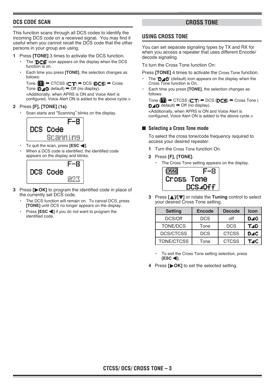 Cross tone, Ctcss/ dcs/ cross tone – 3 dcs code scan, Using cross tone | Kenwood TH-D72E User Manual | Page 20 / 75