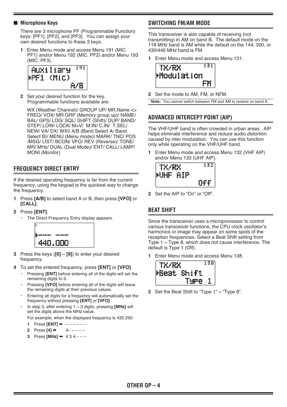 Other op – 4, Frequency direct entry, Switching fm/am mode | Advanced intercept point (aip), Beat shift | Kenwood TH-D72E User Manual | Page 28 / 75