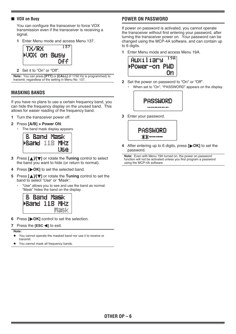 Other op – 6, Masking bands, Power on password | Kenwood TH-D72E User Manual | Page 30 / 75