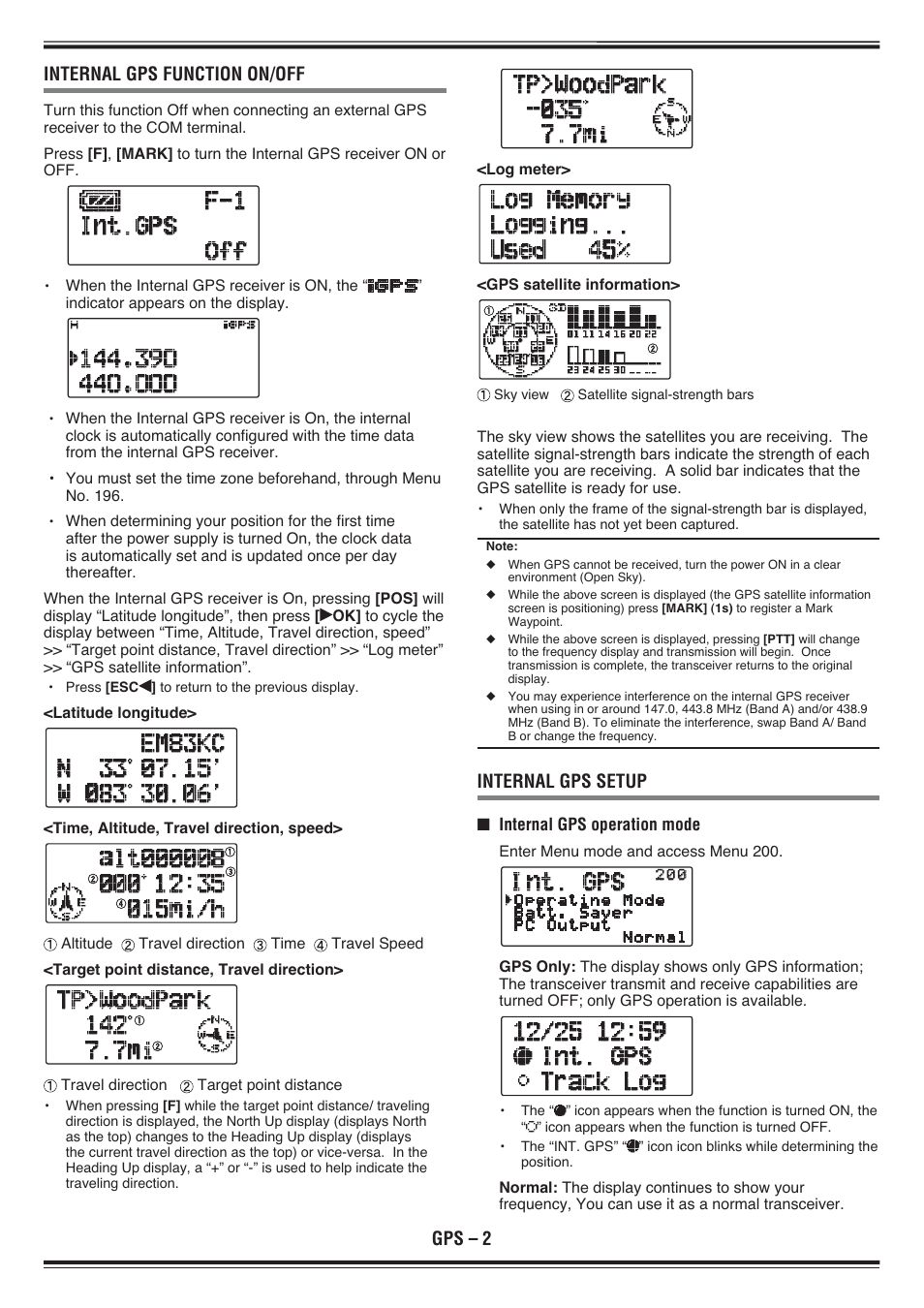 Gps – 2 internal gps function on/off, Internal gps setup | Kenwood TH-D72E User Manual | Page 32 / 75