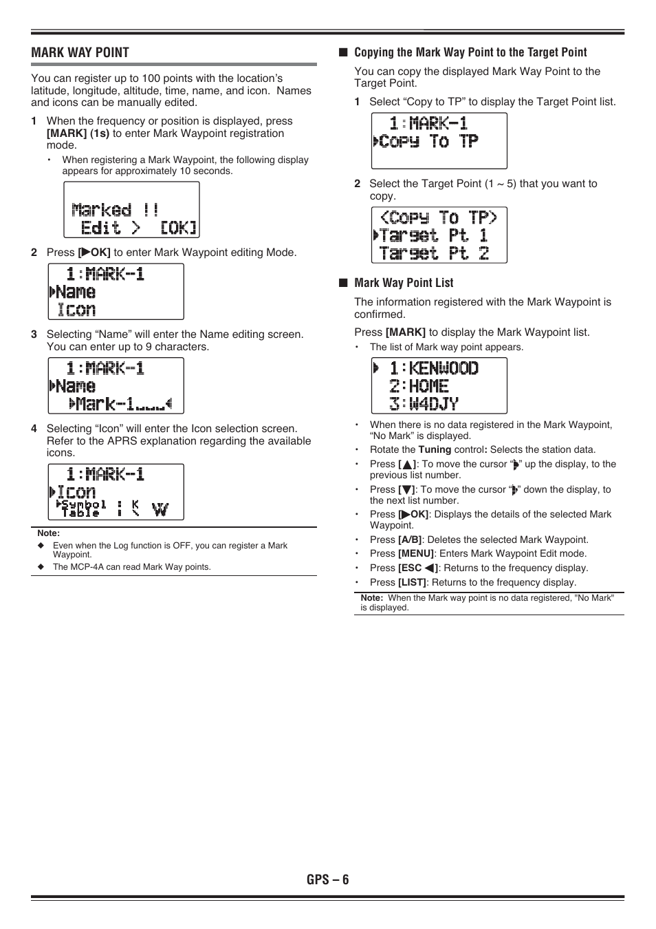 Gps – 6 mark way point | Kenwood TH-D72E User Manual | Page 36 / 75