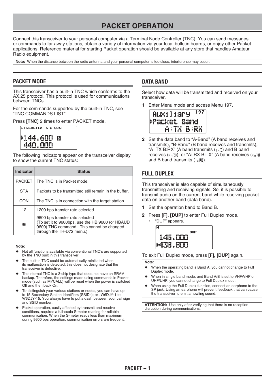 Packet operation, Packet – 1 packet mode, Data band | Full duplex | Kenwood TH-D72E User Manual | Page 38 / 75