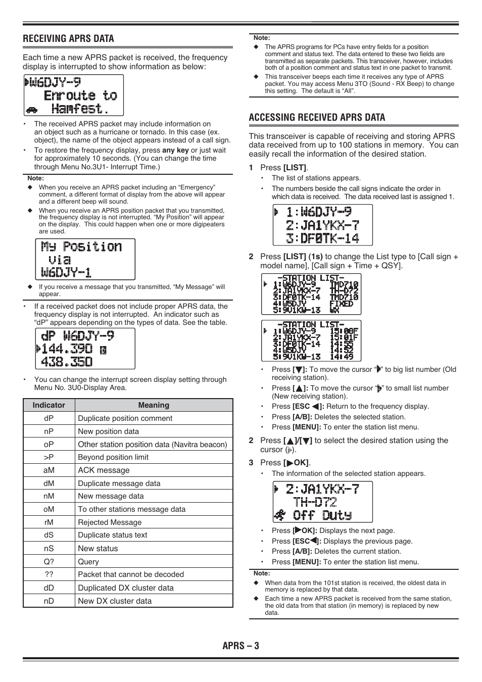 Aprs – 3 receiving aprs data, Accessing received aprs data | Kenwood TH-D72E User Manual | Page 46 / 75