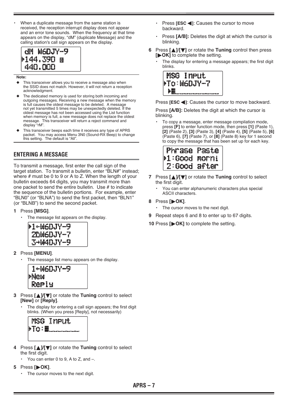 Aprs – 7, Entering a message | Kenwood TH-D72E User Manual | Page 50 / 75