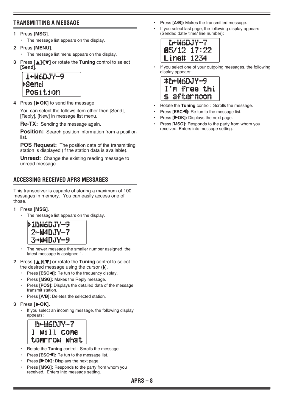 Aprs – 8 transmitting a message, Accessing received aprs messages | Kenwood TH-D72E User Manual | Page 51 / 75